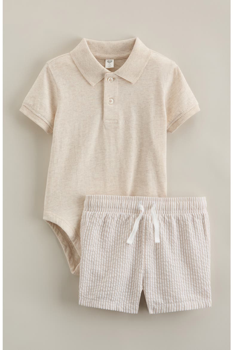 Cotton Polo Bodysuit & Shorts Set, Main, color, BEIGE OATMEAL - TAN STRIPE