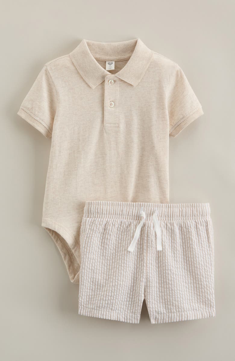 Nordstrom Cotton Polo Bodysuit & Shorts Set, Main, color, Beige Oatmeal - Tan Stripe