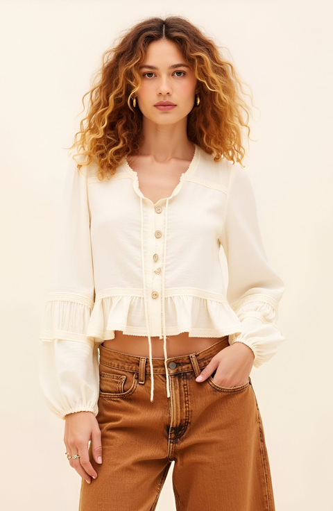 Textured Peplum Blouse with Button Front and Sheer Ruffle Sleeves