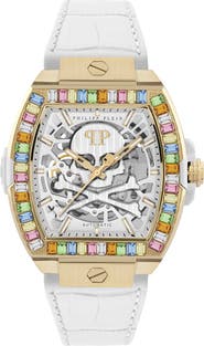 PHILIPP PLEIN Skeleton 2.0 Multicolor Baguette Leather Strap Watch Skeleton Women