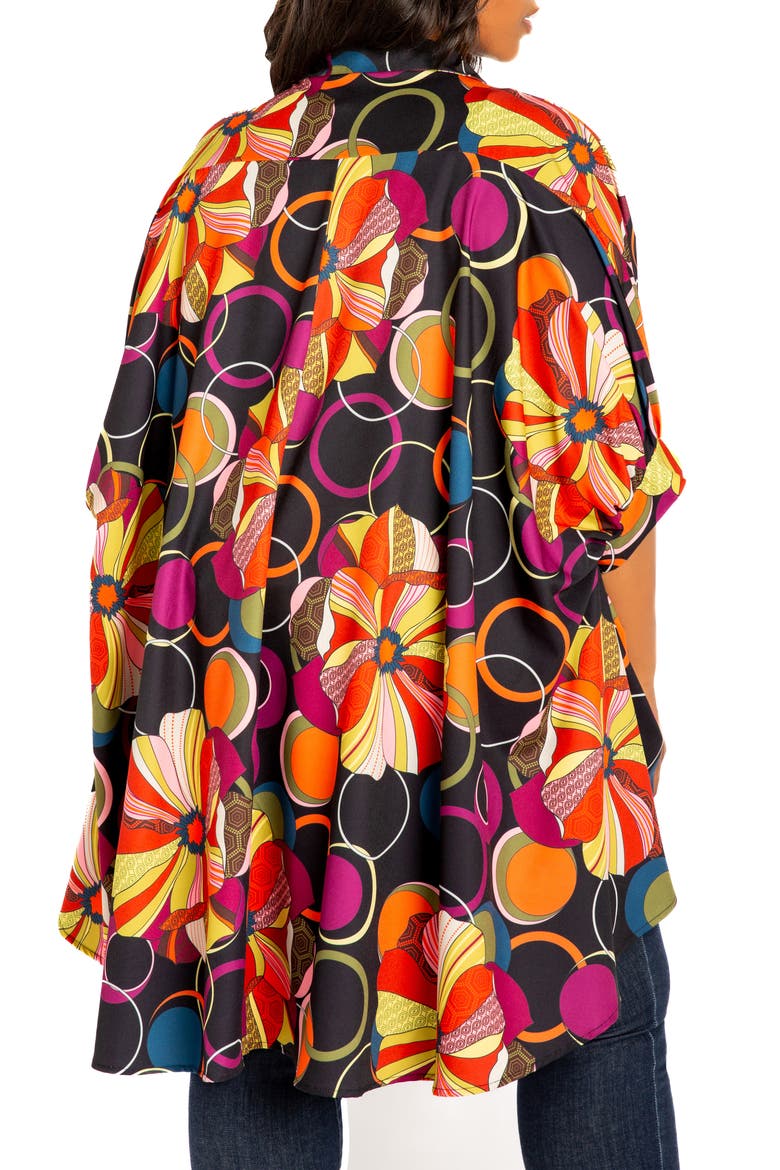 Mixed Geo Print High-Low Button-Up Shirt, Alternate, color, BLACK MULTI