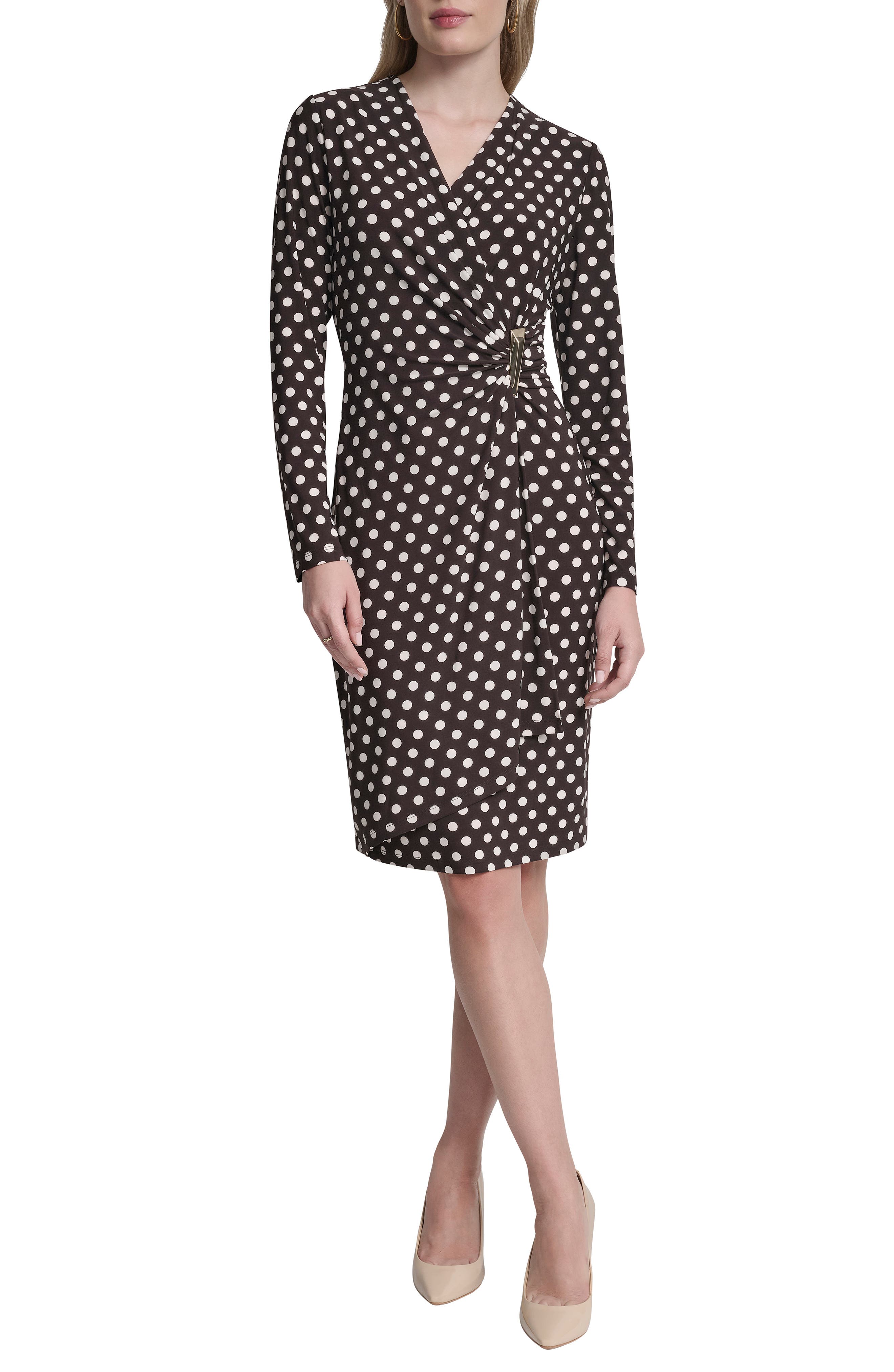 Faux Wrap Drape Long Sleeve Sheath Dress
