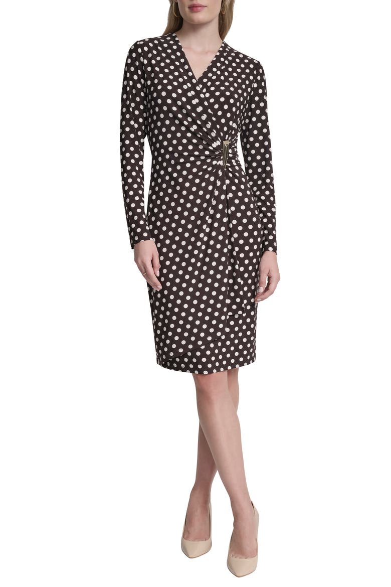 Faux Wrap Drape Long Sleeve Sheath Dress, Main, color, CHOCOLATE PLUM
