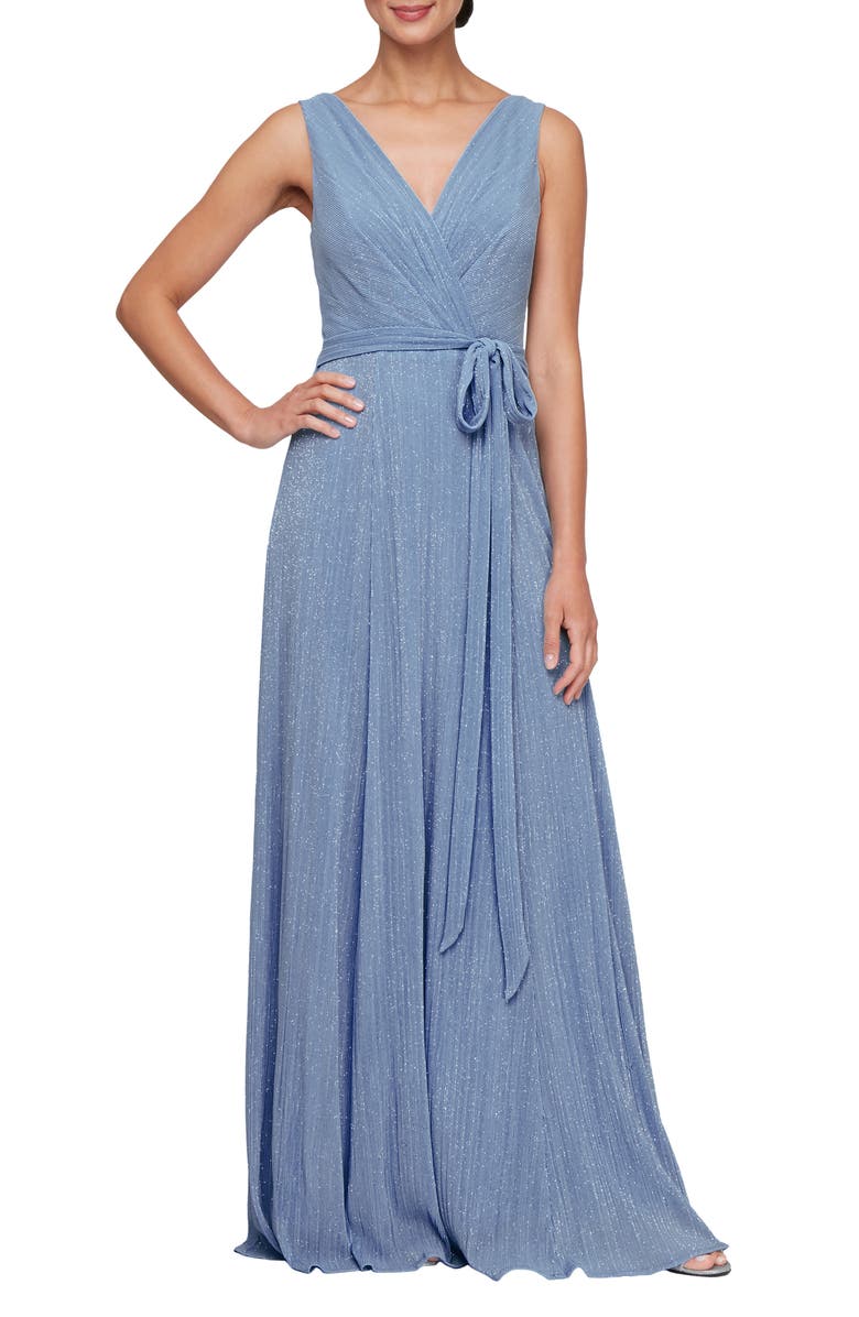 Alex Evenings Tie Waist Metallic Sleeveless Gown, Main, color, Dusty Blue