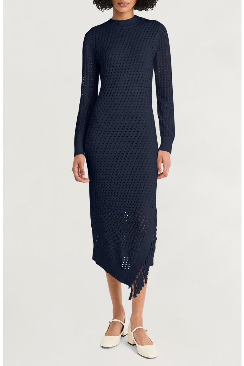 Open Stitch Fringe Long Sleeve Asymmetric Sweater Dress, Main, color, EVENING BLUE