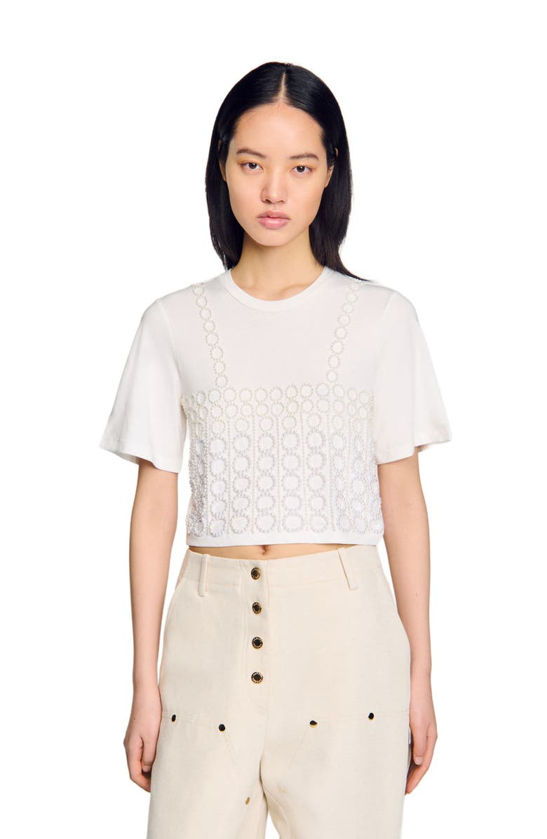SANDRO Beaded cropped T-shirt, Alternate, color,