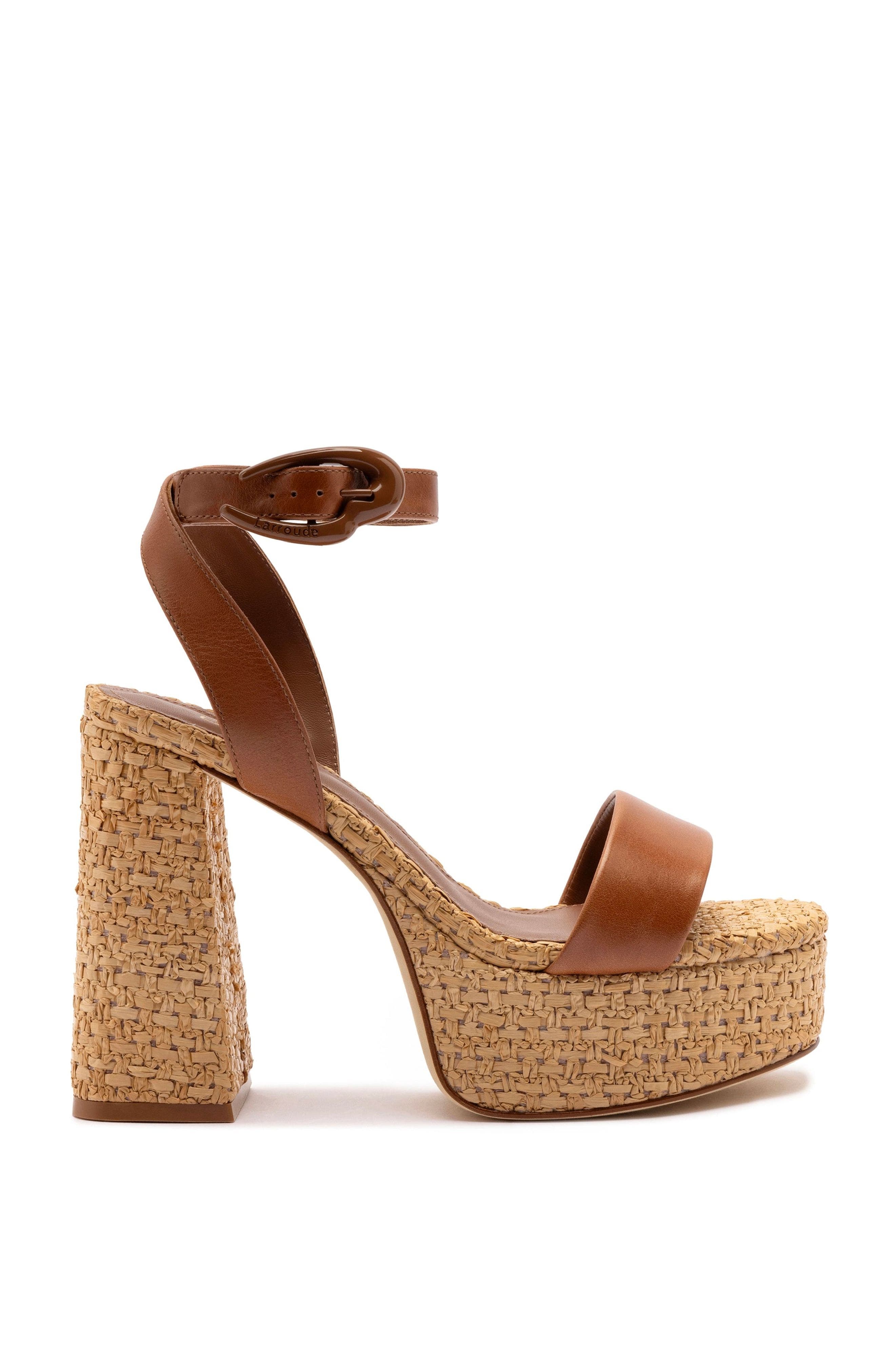 Larroudé Dolly Verona Sandal, Main, color, Caramel Leather And Raffia
