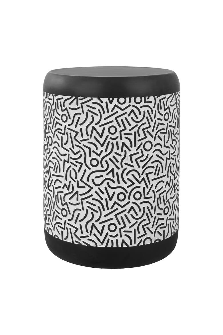 Indi Modern Geometric Concrete Drum Garden Stool, Indoor/Outdoor Weather-Resistant Patio Accent Side Table, Main, color, Black/White