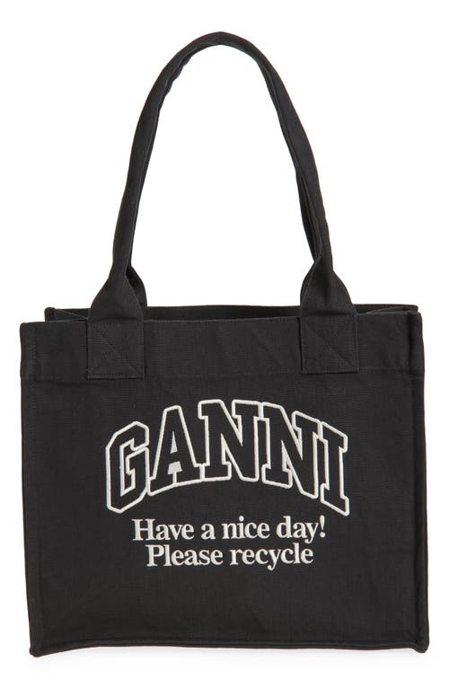 Ganni Black Shopper With Embroidered Logo On The Front In Denim Woman In Phantom