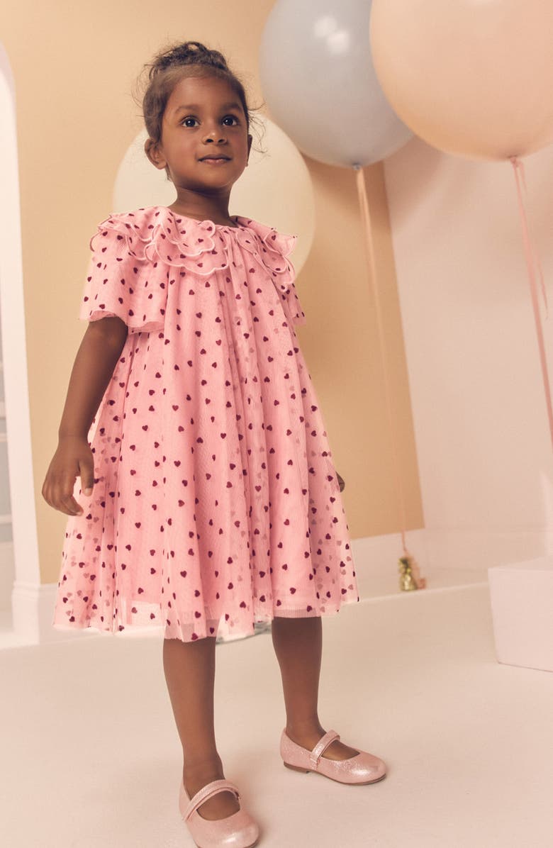 Kids' Heart Print Flutter Sleeve Tulle Dress