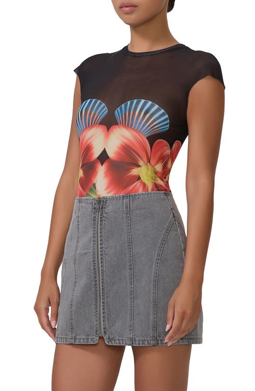 Afrm Nina Print Cap Sleeve Mesh Top In Hibiscus Shell