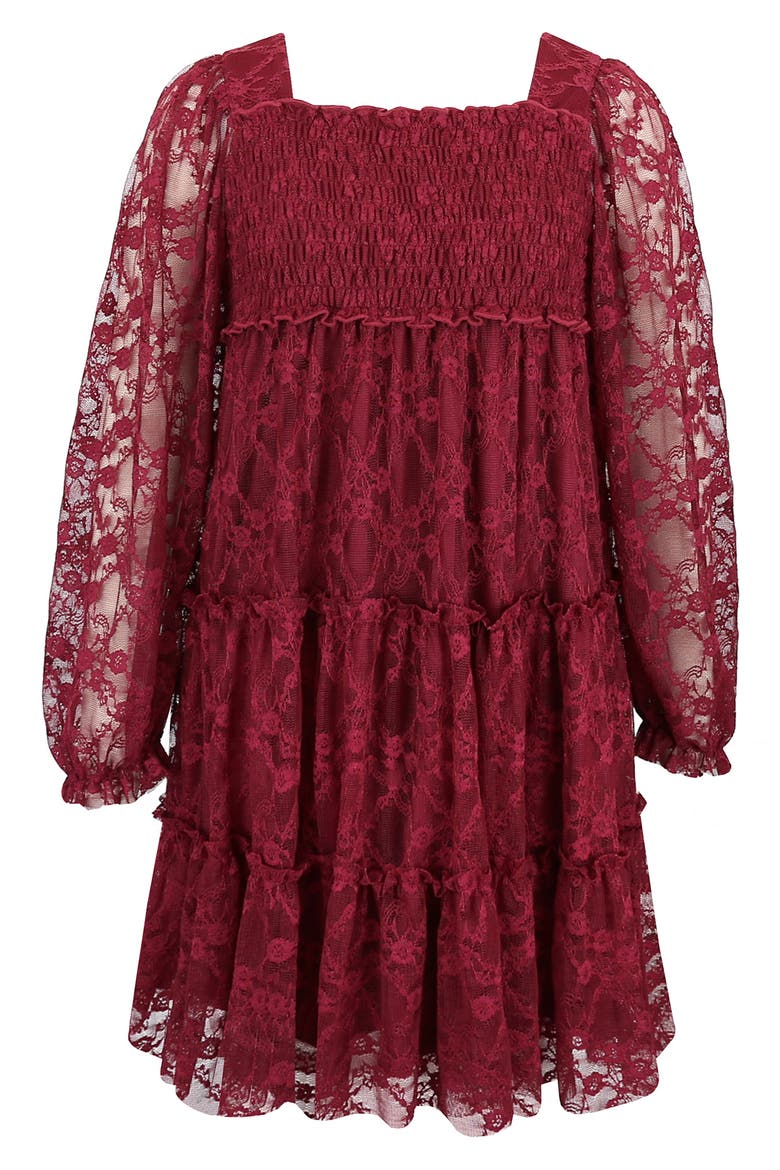 Kids' Lace Tiered Dress, Main, color, BURGUNDY