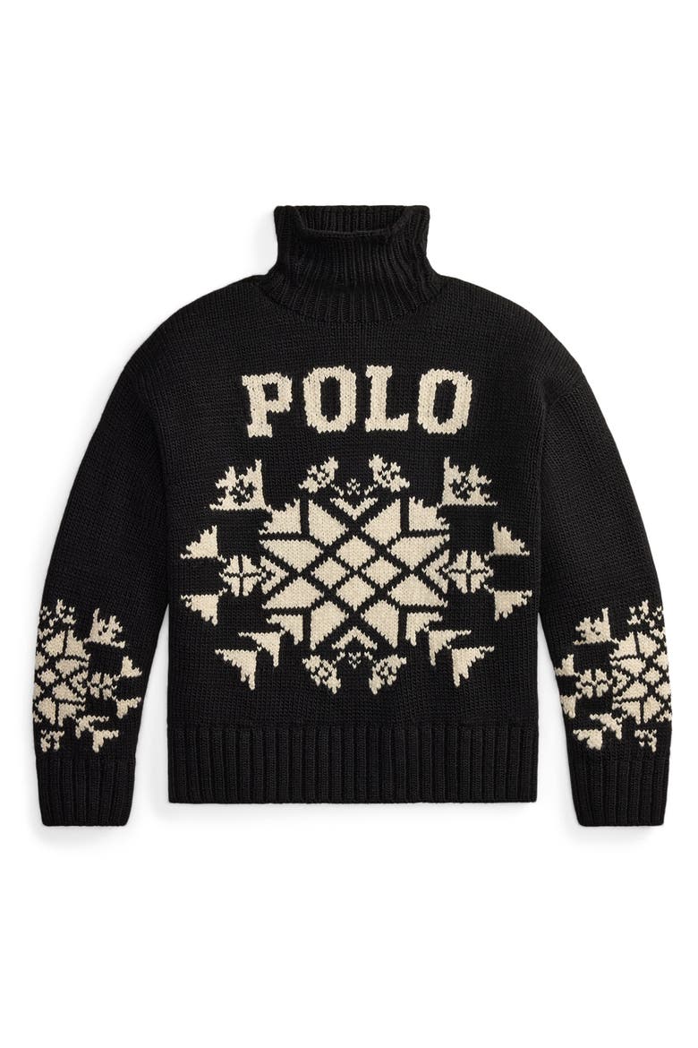 Snowflake Stretch Wool Turtleneck Sweater, Alternate, color, BLACK MU