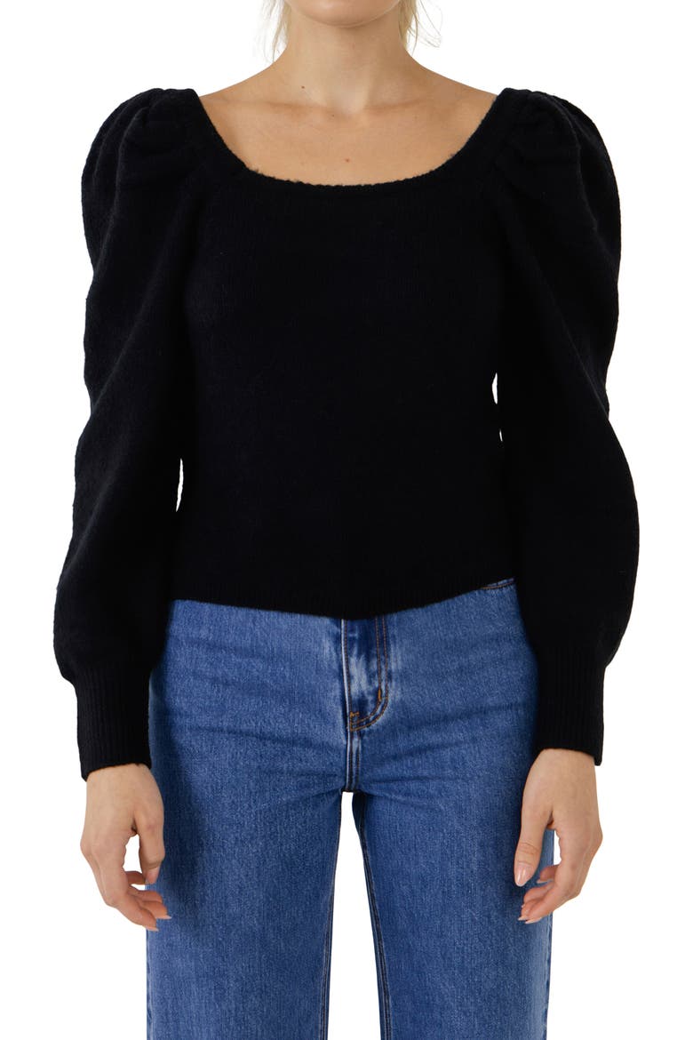 Puff Sleeve Square Neck Sweater, Alternate, color, BLACK