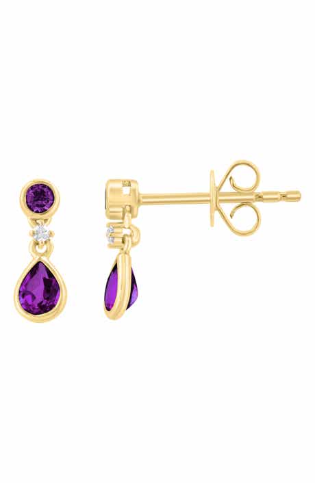 18k Gold Plated Sterling Silver Amethyst & Diamond Drop Earrings