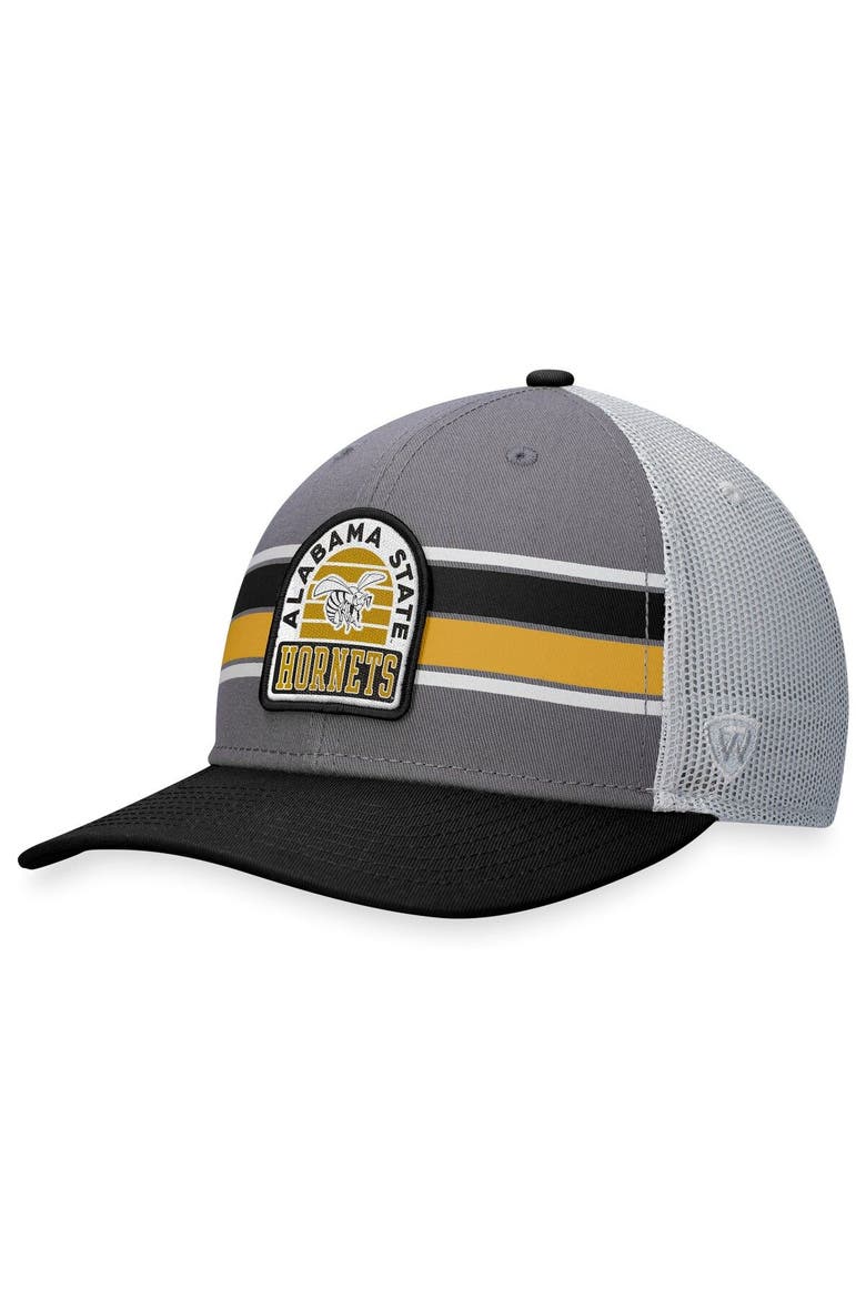 Men's Top of the World Black/Gray Alabama State Hornets Aurora Trucker Adjustable Hat, Main, color, Black