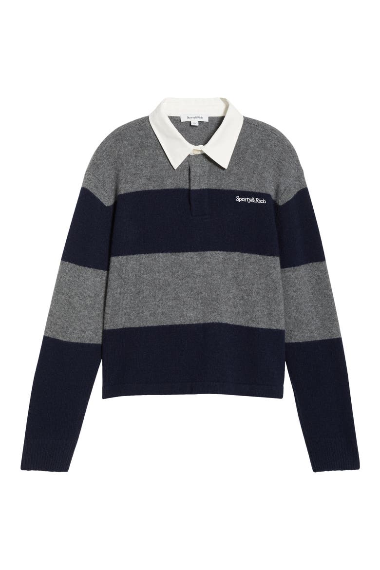 Serif Logo Embroidered Cashmere & Wool Rugby Polo Sweater, Main, color, HEATHER GRAY/DARK NAVY/ECRU