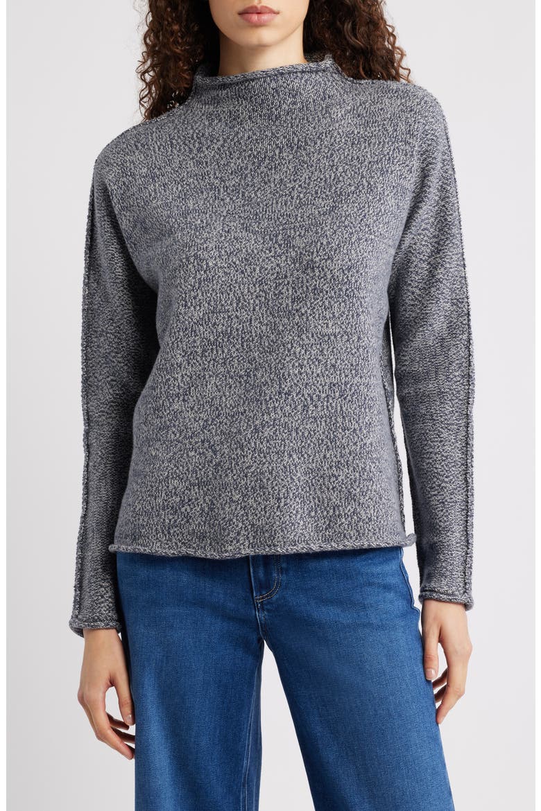 Monterey Stripe Cotton Funnel Neck Sweater, Main, color, JAPANESE BLACK MELANGE