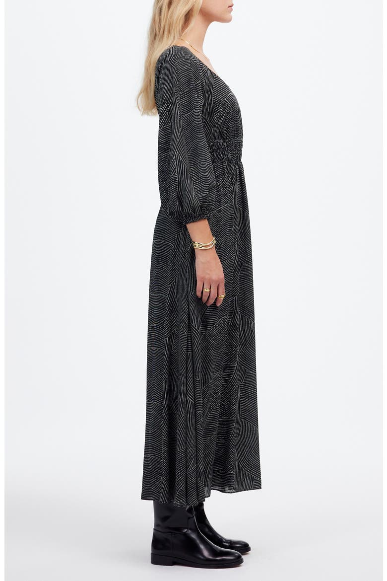 Geo Dot Print Balloon Sleeve Georgette Midi Dress, Alternate, color, PINDOT ARCHES TRUE BLACK