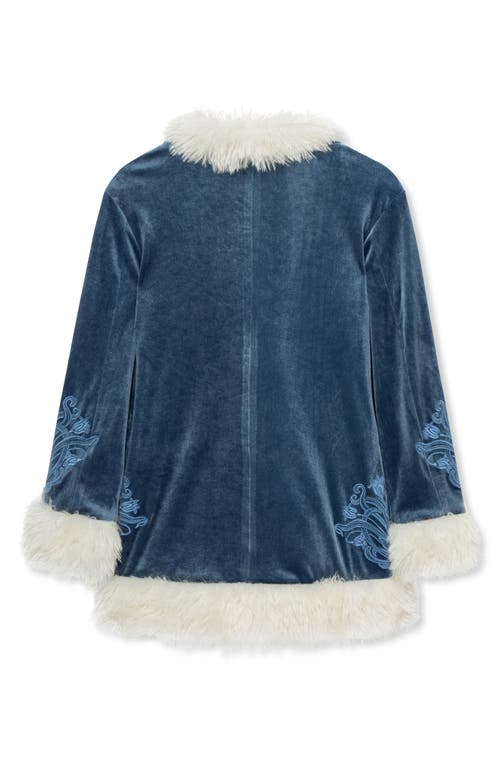 Shop Truce Kids' Faux Fur Trim Embroidered Velvet Jacket In Teal
