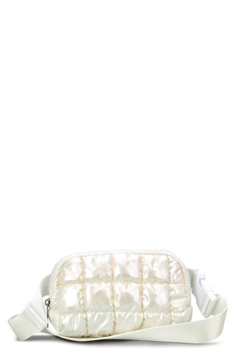 Kids' Pearl White Shiny Quilted Nylon Belt Bag
