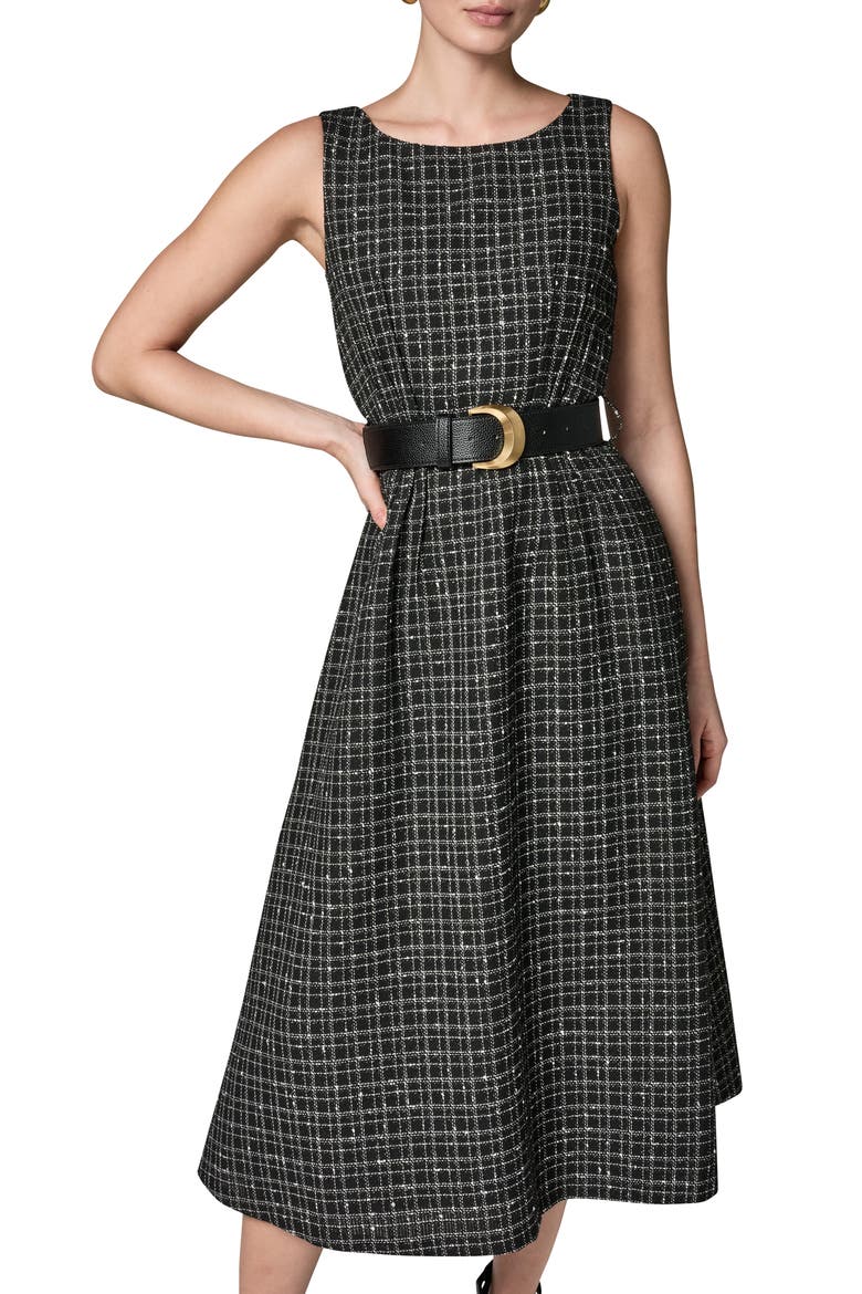 Check Tweed Belted Midi Dress, Alternate, color, BLACK CREAM