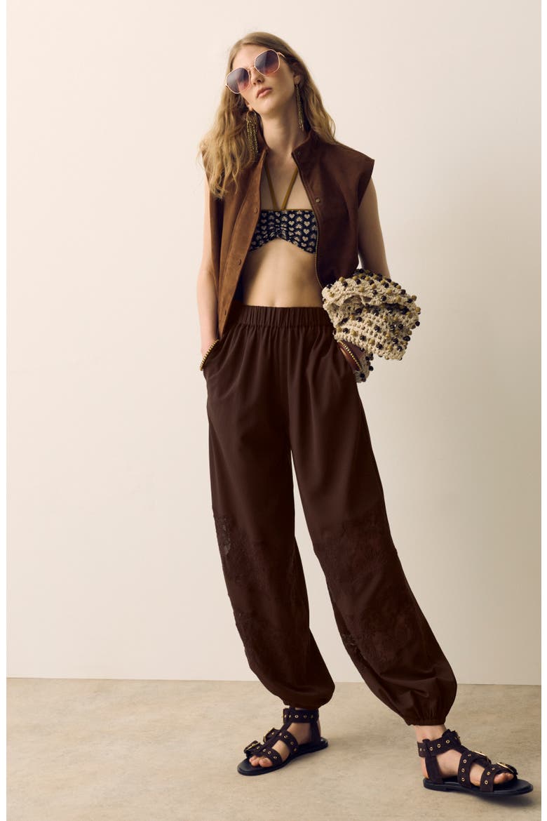 Lace Balloon Tie Waist Pants, Alternate, color, DARK MOLE BROWN