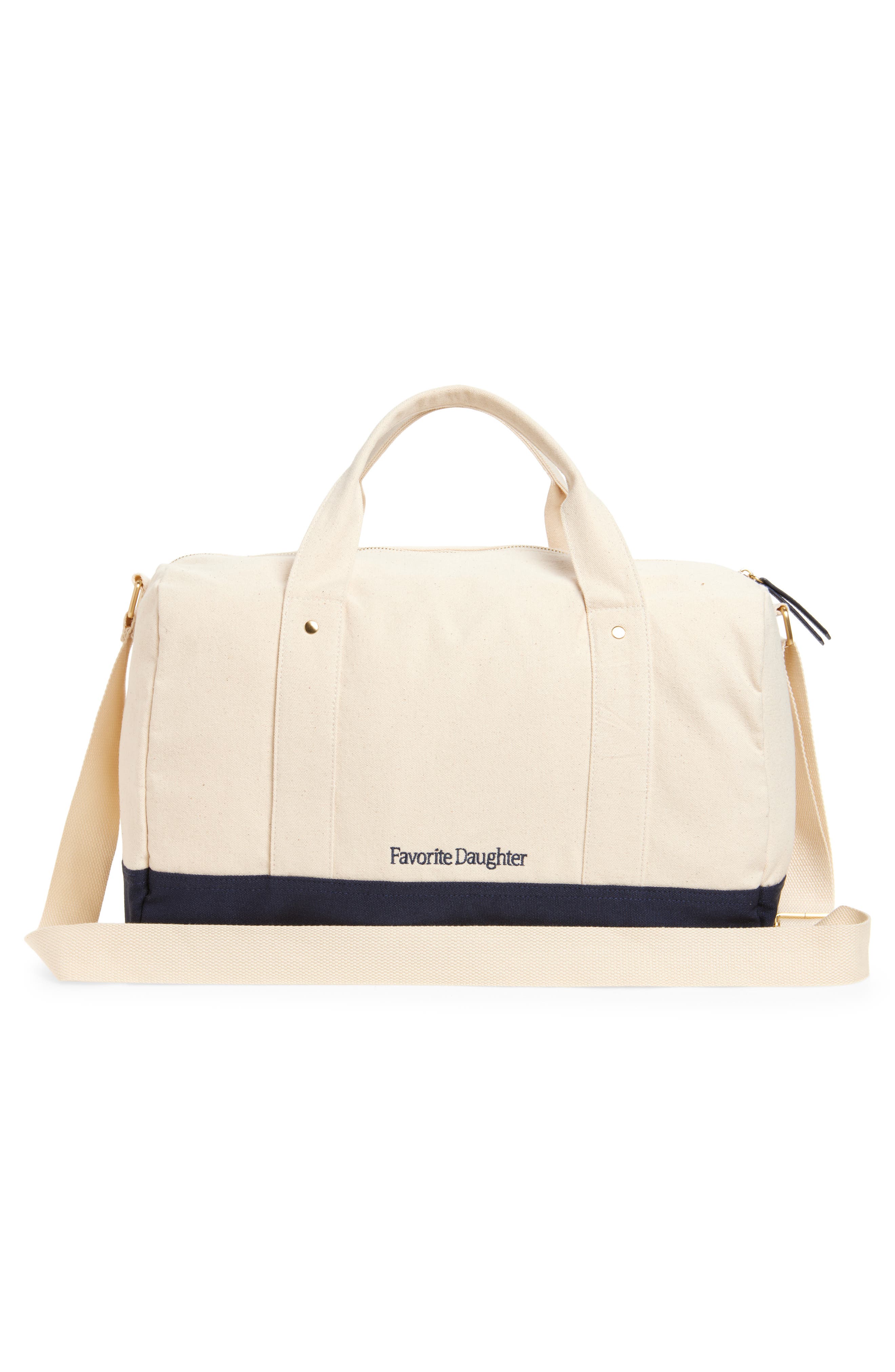 Favorite Daughter Go Sports Embroidered Canvas Duffle Bag, Alternate, color, Natural Navy Blaze