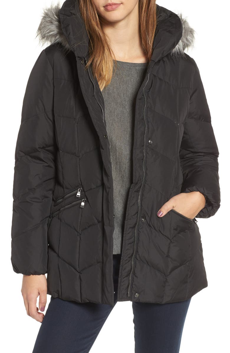 Larry Levine Quilted Coat with Faux Fur Trim, Main, color, 