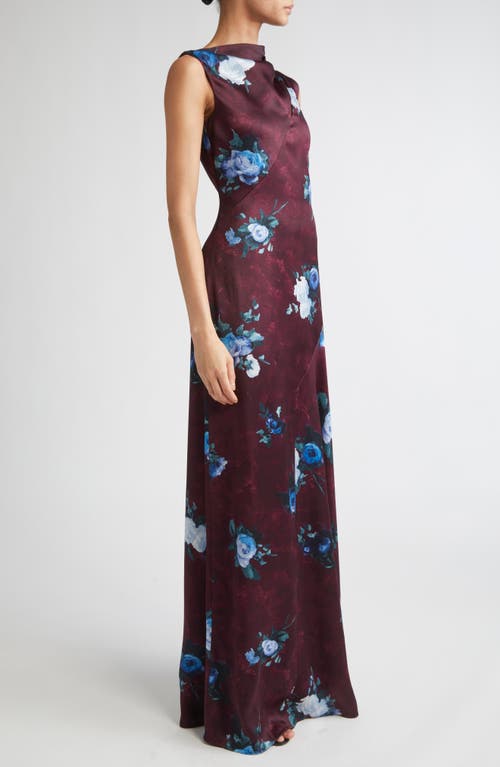 Erdem Abstract Rose Print Cutout Satin Gown In Brown