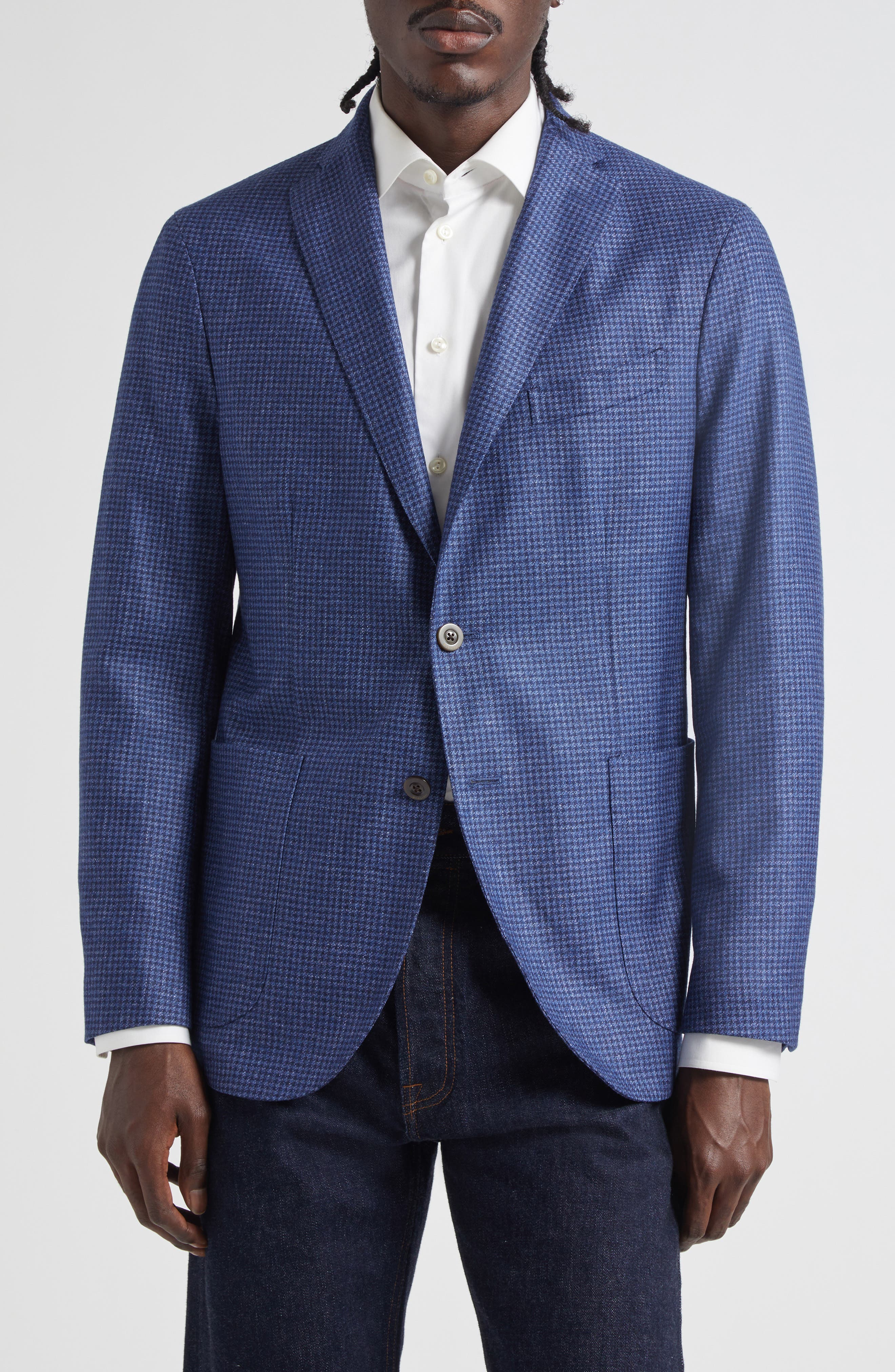 K-Jacket Blue Houndstooth Check Wool & Silk Blend Sport Coat