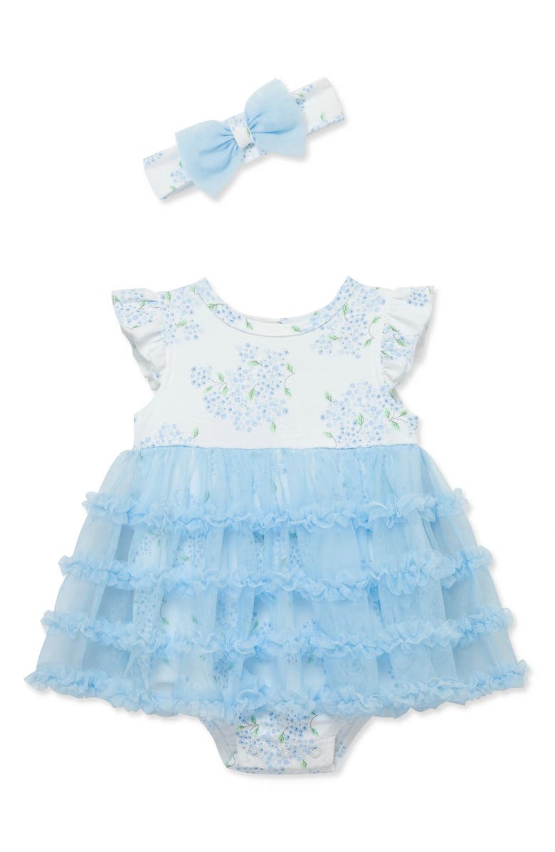 Little Me Hydrangea Skirted Bodysuit & Headband Set, Main, color, Blue