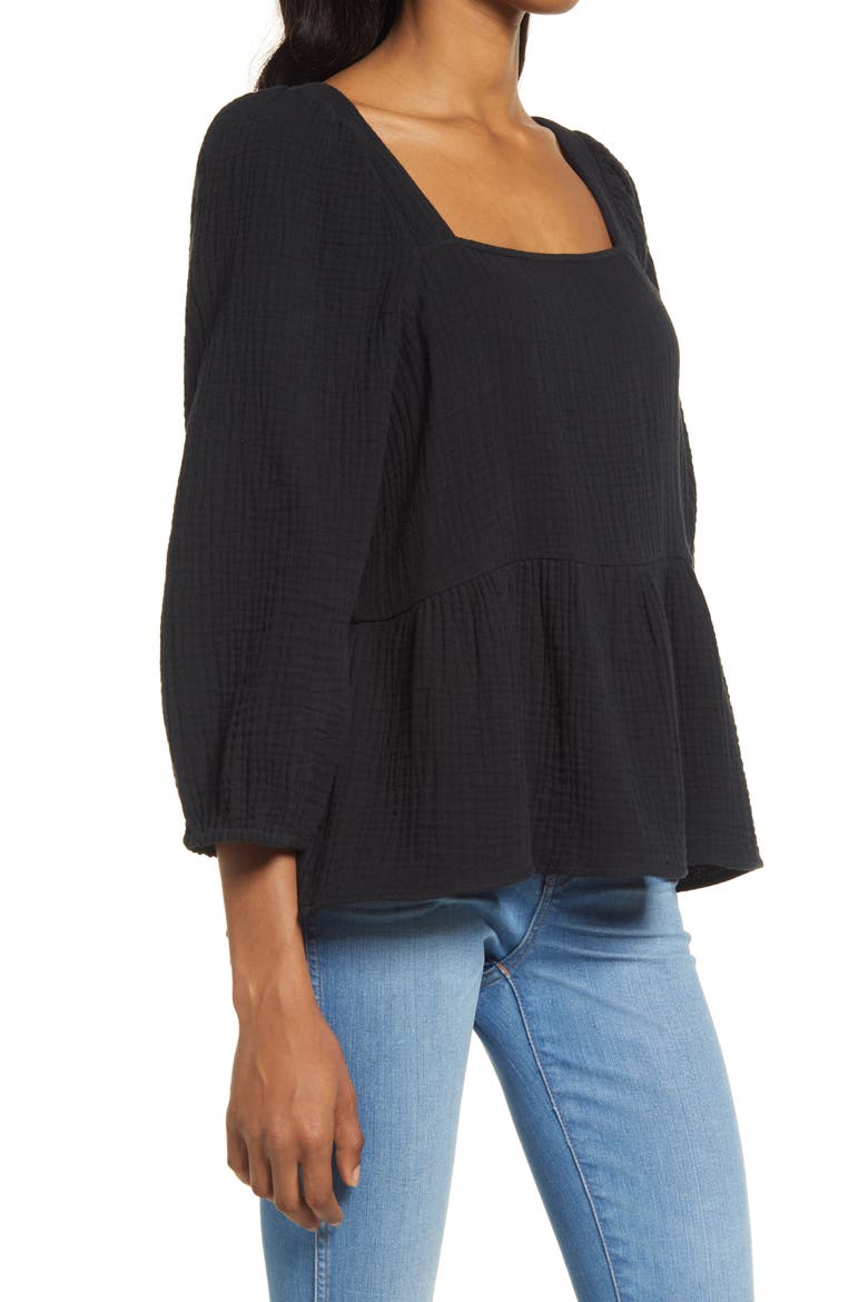 Millbrook Puff Sleeve Lightspun Cotton Peplum Top, Alternate, color, TRUE BLACK