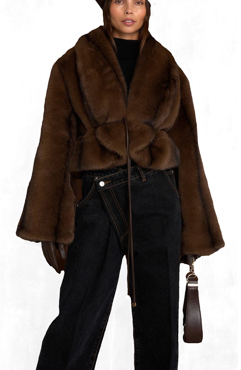 Manière De Voir Nola Fur Shawl Jacket with Leather Belt, Alternate, color, 