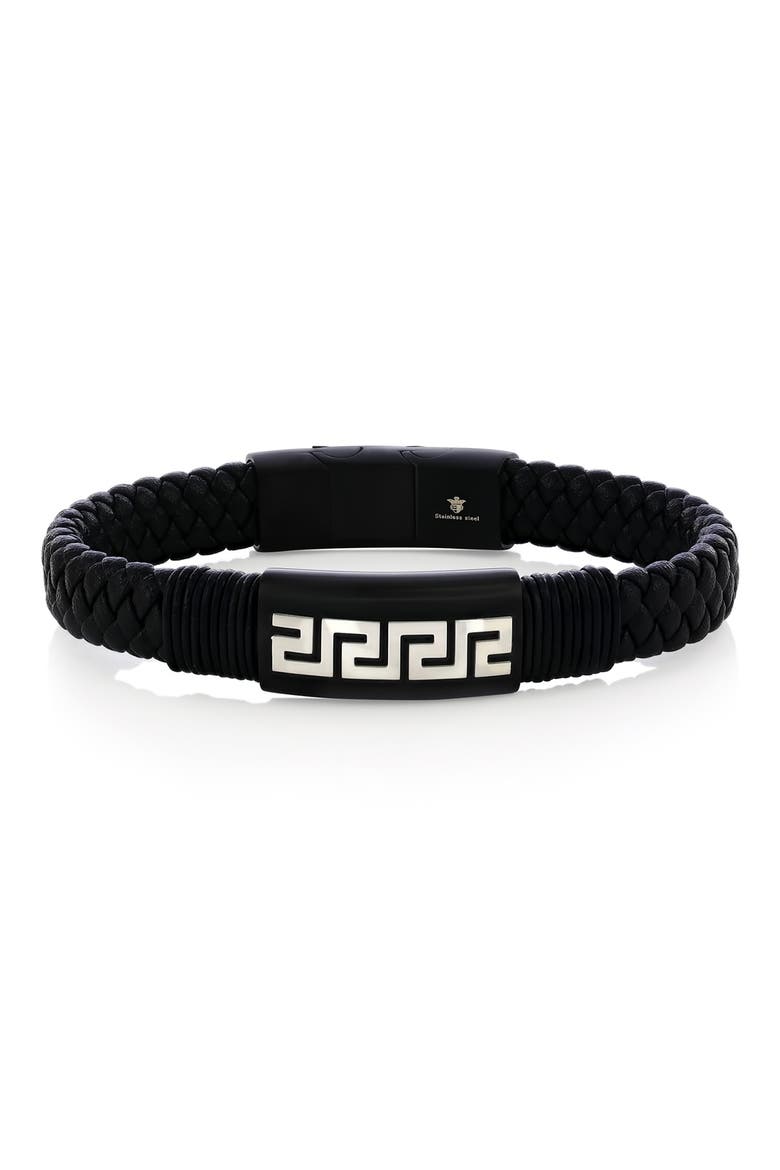 Men's Stainless Steel Greek Key Woven Leather Bracelet, Main, color, BLACK