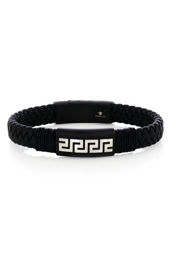 Blackjack Stainless Steel Greek Key Woven Leather Bracelet
