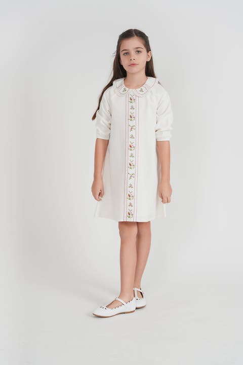 Girls Ivory Embroidered Linen Dress