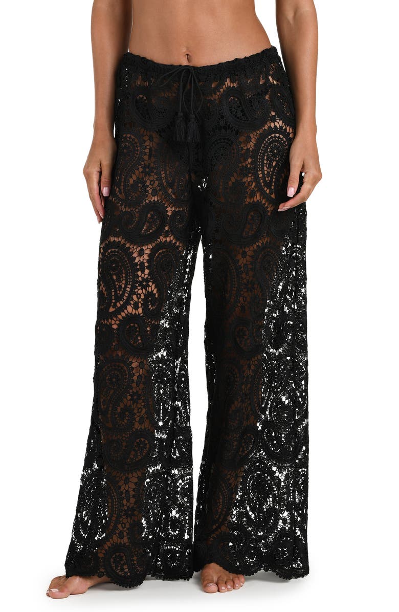 L'AGENCE Geraldine Lace Wide Leg Cover-Up Pants, Main, color, Black