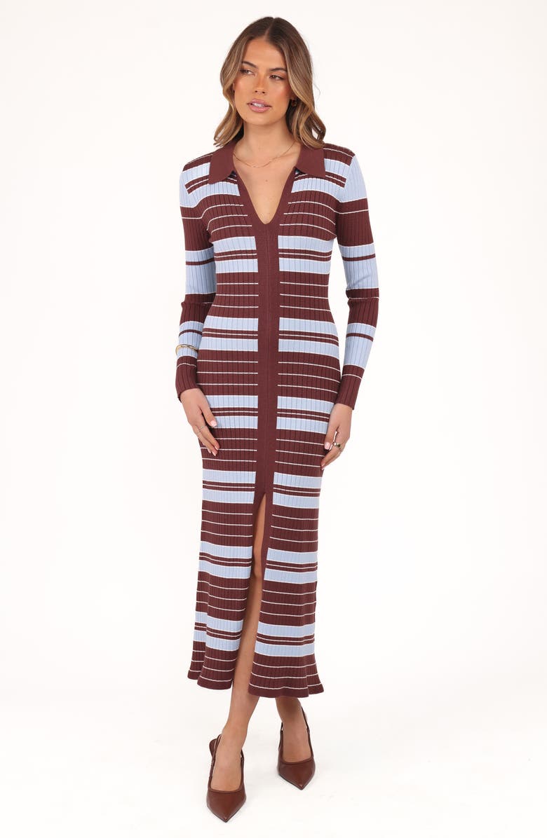 Petal & Pup Eliana Stripe Long Sleeve Rib Maxi Dress, Alternate, color, Brown Blue Stripe