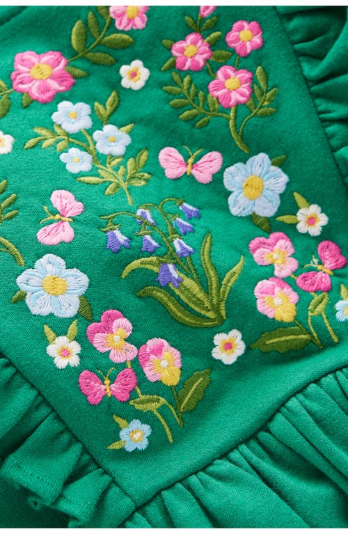 Mini Boden Kids' Embroidered Ruffle Long Sleeve Cotton Dress In Green