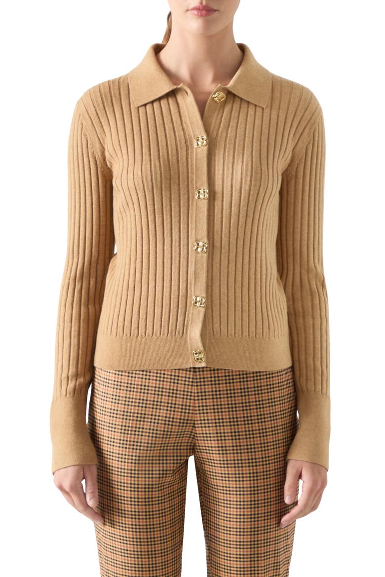 Willow Rib Merino Wool & Cotton Cardigan, Main, color, DARK ALMOND