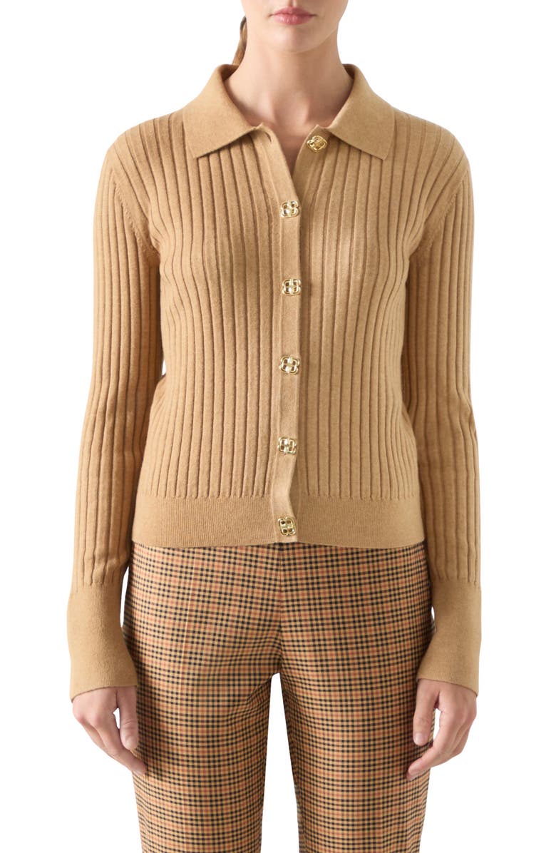 LK Bennett Willow Rib Merino Wool & Cotton Cardigan, Main, color, Dark Almond