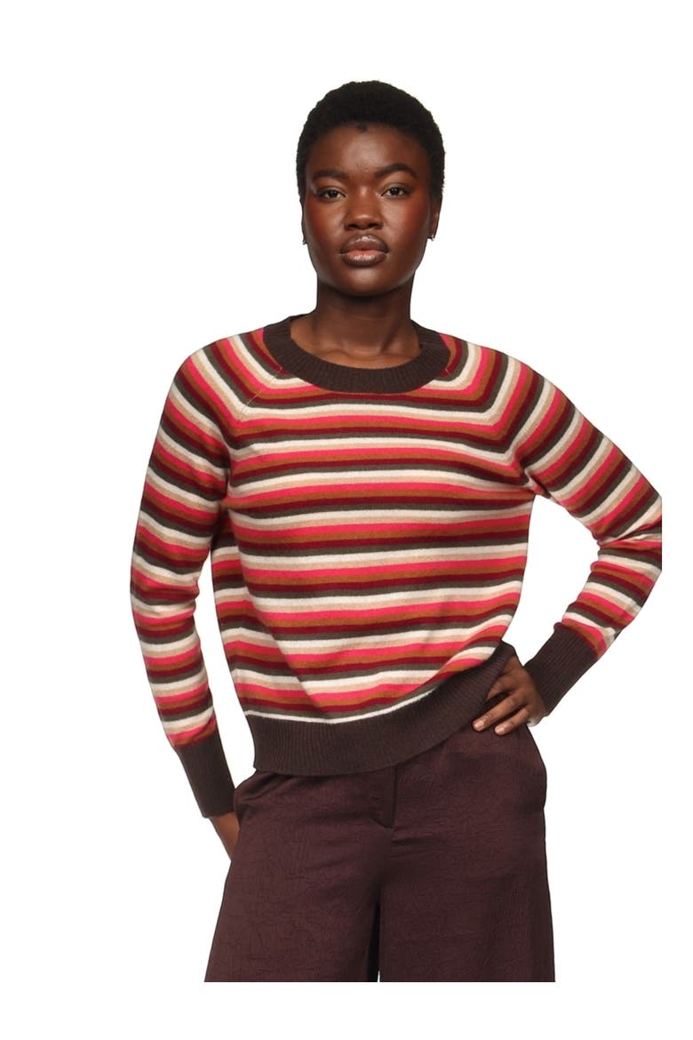 100% Cashmere Striped Crew Sweater, Alternate, color, Dark Brown
