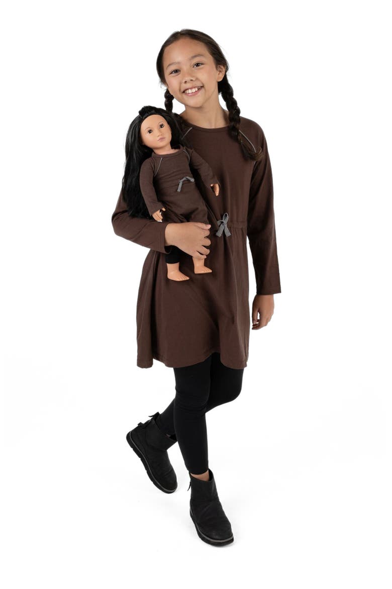 Girls Bow Tie Dress with Matching Doll Dress, Alternate, color, BROWN