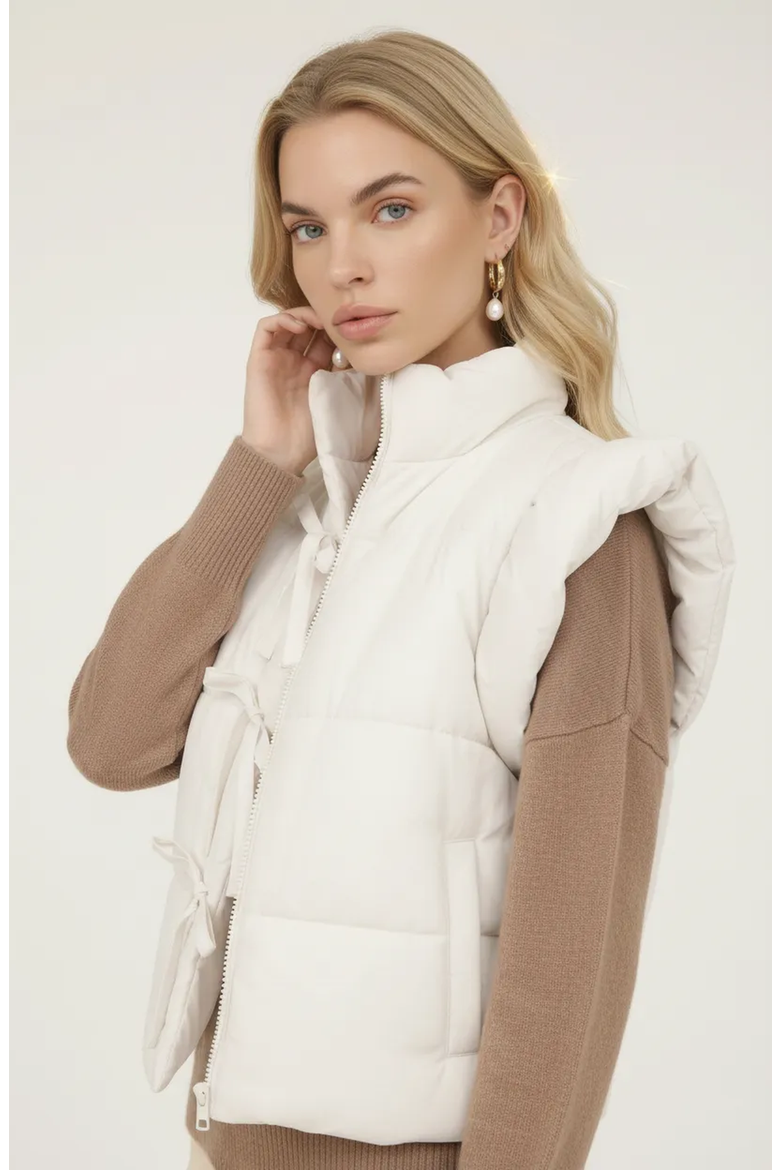 Ruffle Shoulder Puffer Vest with Front Tie Closures and Stand Collar, Alternate, color, White