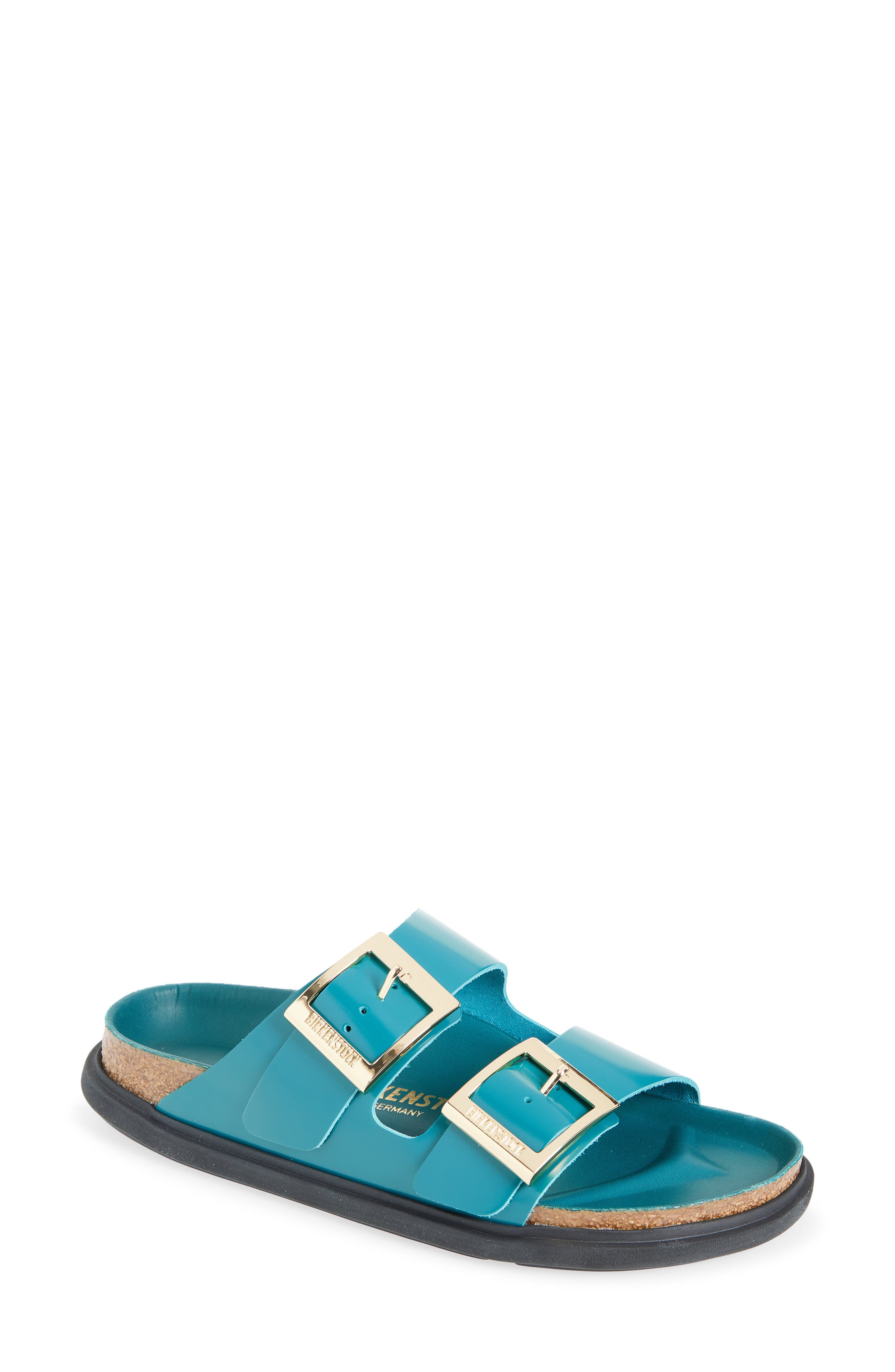 Birkenstock Arizona Droplet Buckle Slide Sandal, Main, color, High Shine Dark Teal