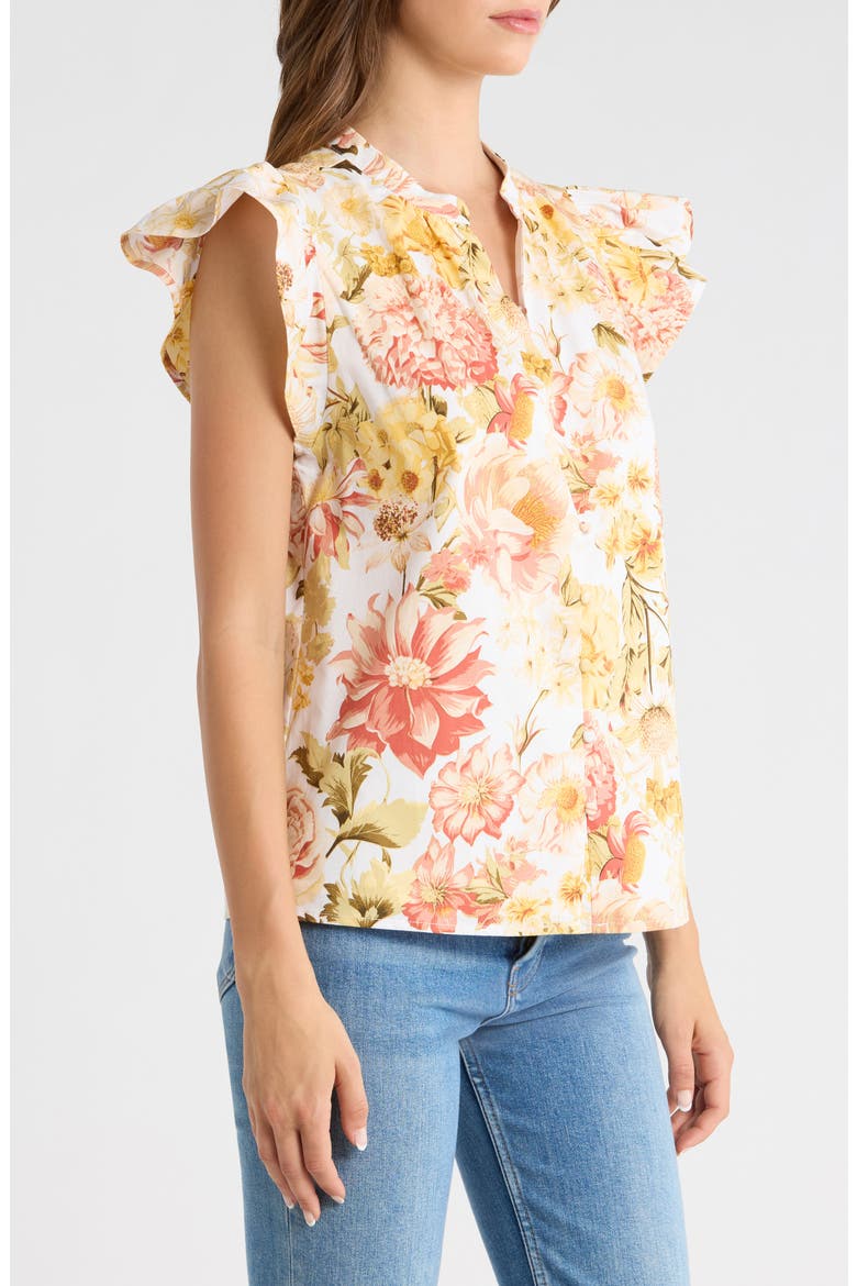 Zury Floral Everly Split Neck Stretch Cotton Top, Alternate, color, CORAL-MULTI