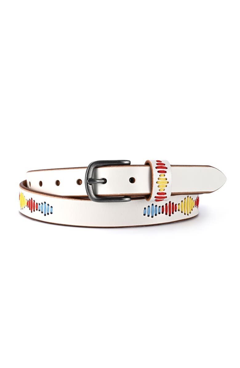 OLD TREND Boho Genuine Leather Stitched Perforated Detail Belt, Main, color, White