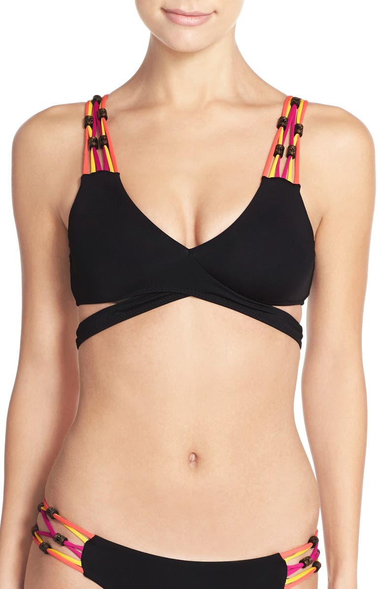 Becca 'Wild & Free' Wrap Front Bikini Top, Main, color, Black