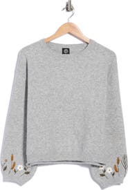 Bobeau Embroidered Sleeve Sweater
